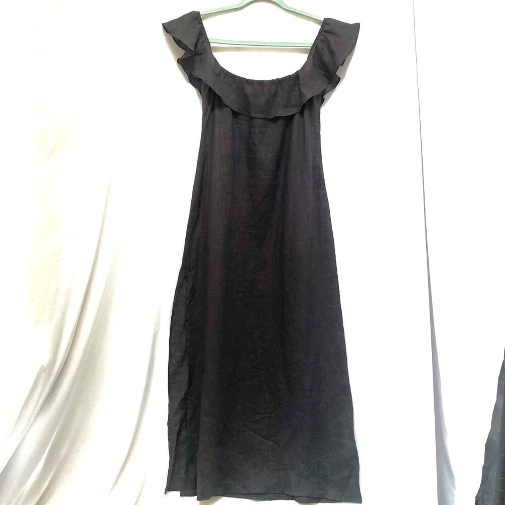 REFORMATION Amethyst 100% Linen Midi Dress XL Black Ruffle Off Shoulder Lagom